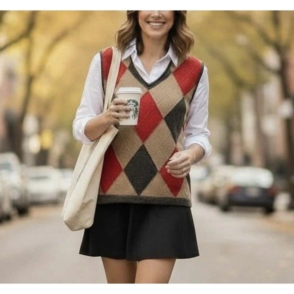 Vintage Liz Claiborne Sweater Vest Women's Brown/Black/Red Checkered V Neck Sz M